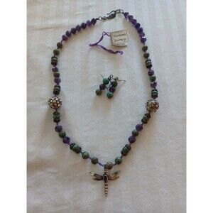 Handmade amethyst turquoise & sterling necklace earring set dragonfly pendant